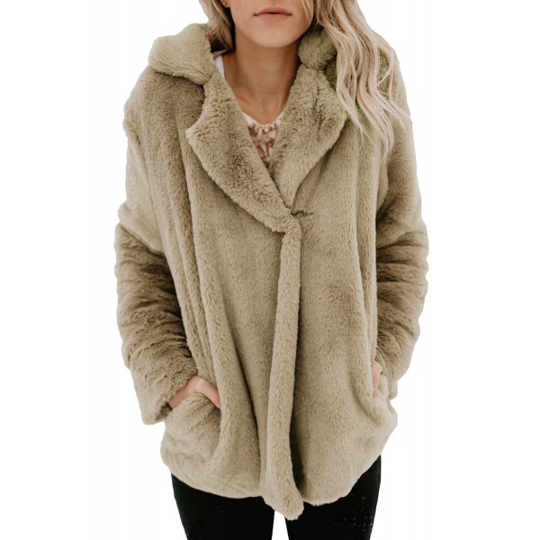 Khaki Pocket Style Fluffy Winter Coat