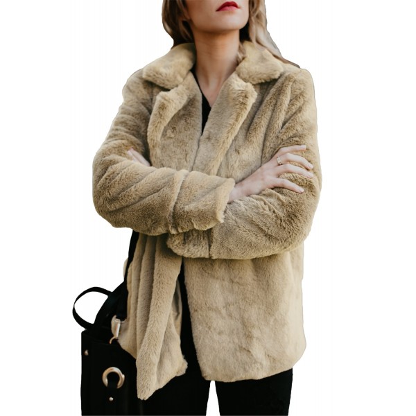 Khaki Pocket Style Fluffy Winter Coat