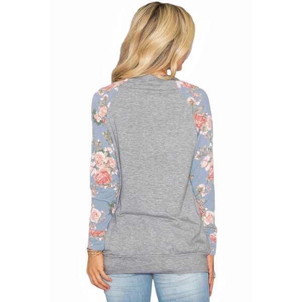 Blue Floral Patchwork Kangaroo Pocket Sweatshirt