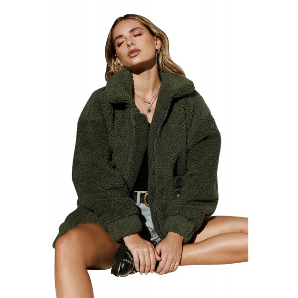 Green Lamb Wool Zipped Chunky Coat