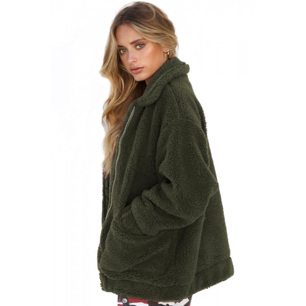 Green Lamb Wool Zipped Chunky Coat