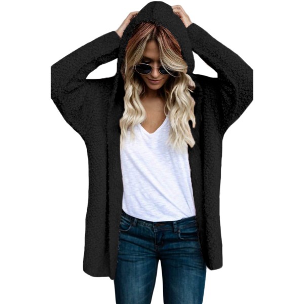 Black Fluffy Hooded Open Front Cardigan