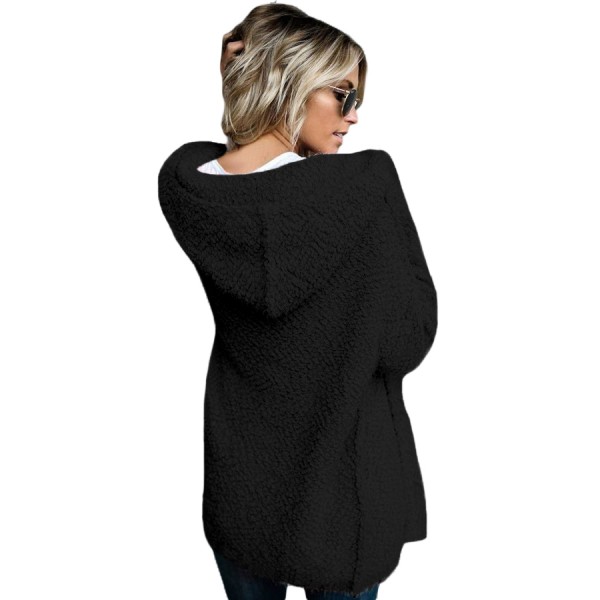 Black Fluffy Hooded Open Front Cardigan