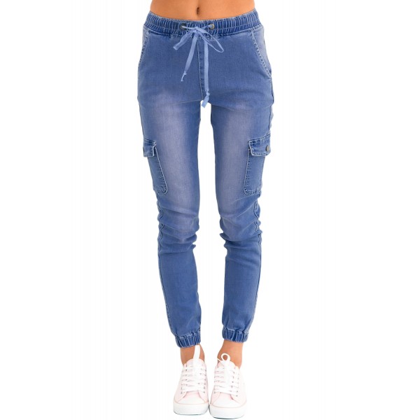 Light Blue Drawstring Ankle Pocket Denim Jeans