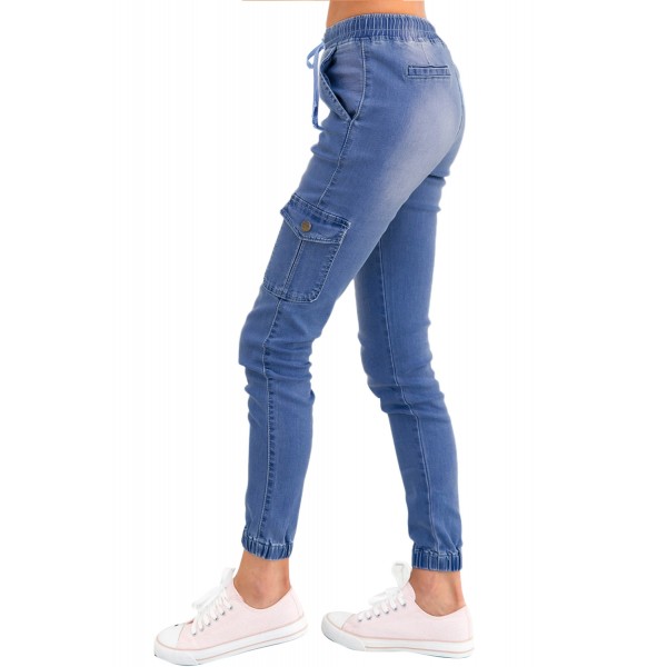 Light Blue Drawstring Ankle Pocket Denim Jeans