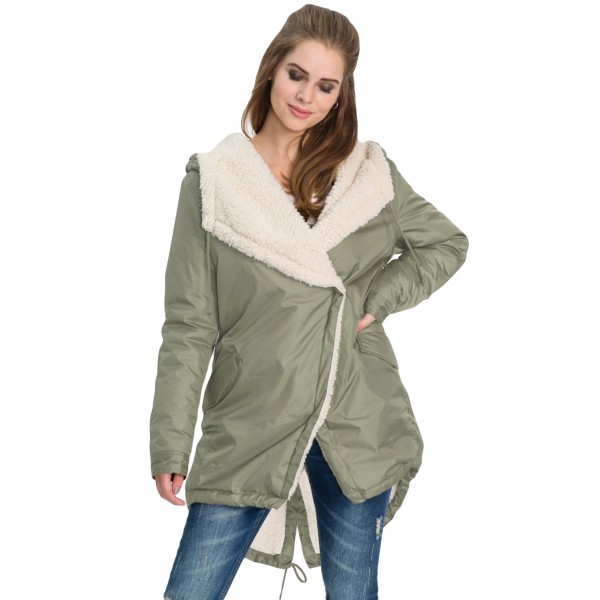 green Asymmetric Hooded Fleece Winter Coat