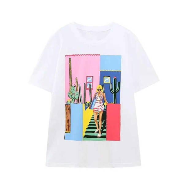Summer New Arrival Cartoon Print O-Neck Women Polyester Casual Wear T Shirts