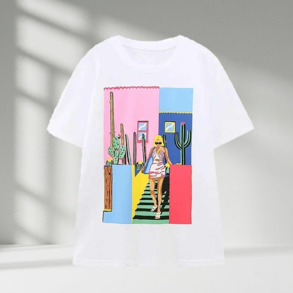 Summer New Arrival Cartoon Print O-Neck Women Polyester Casual Wear T Shirts