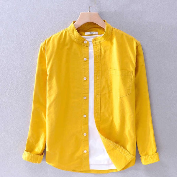 Spring Men Long Sleeve Shirt Stand Collar Casual Tops