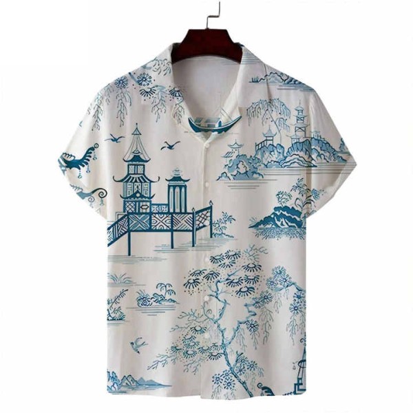 Men's Loose Fit Printed Beach Wear Top Single Breasted