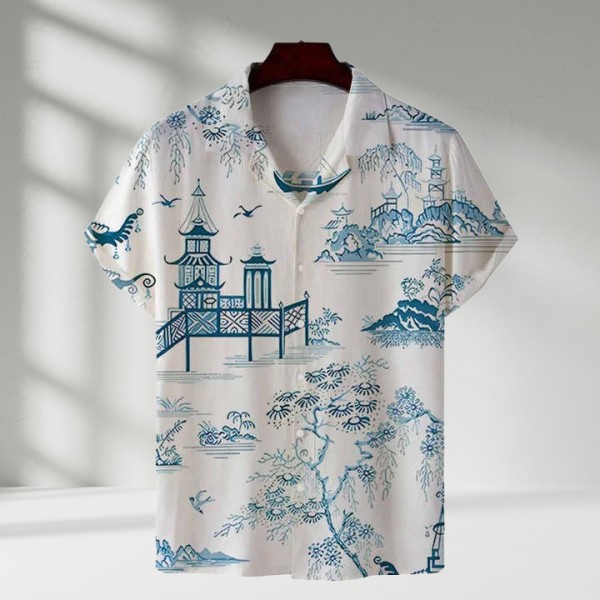 Men's Loose Fit Printed Beach Wear Top Single Breasted
