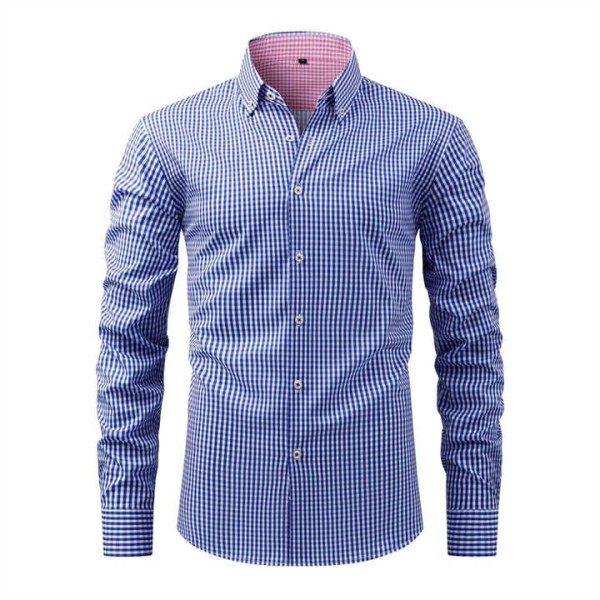 New Four-sided Elastic Fashion Plaid Long-sleeved Lapel Shirt