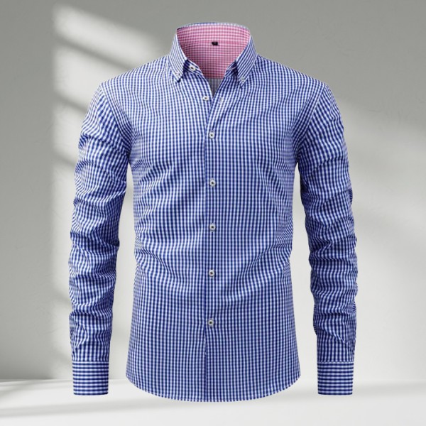 New Four-sided Elastic Fashion Plaid Long-sleeved Lapel Shirt